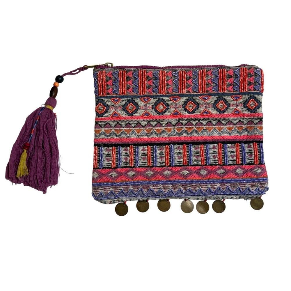 Merona Beaded Tribal Boho Clutch Bag Tassel Coin Charms Multicolor Pouch Pink